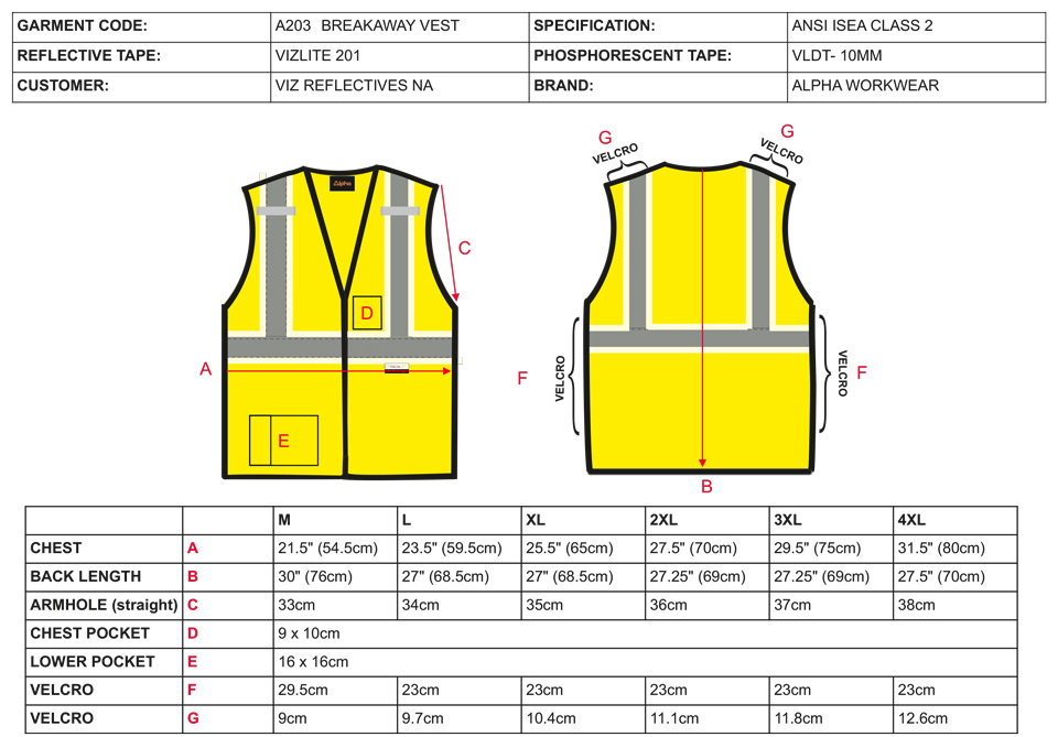 Alpha Workwear Class 2 Hi Vis Glow in the Dark Breakaway Vest A203