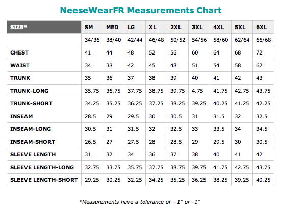 Fr Coveralls Size Chart