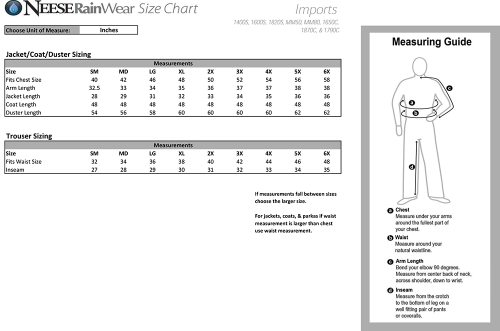 Bizweld Overalls Size Chart