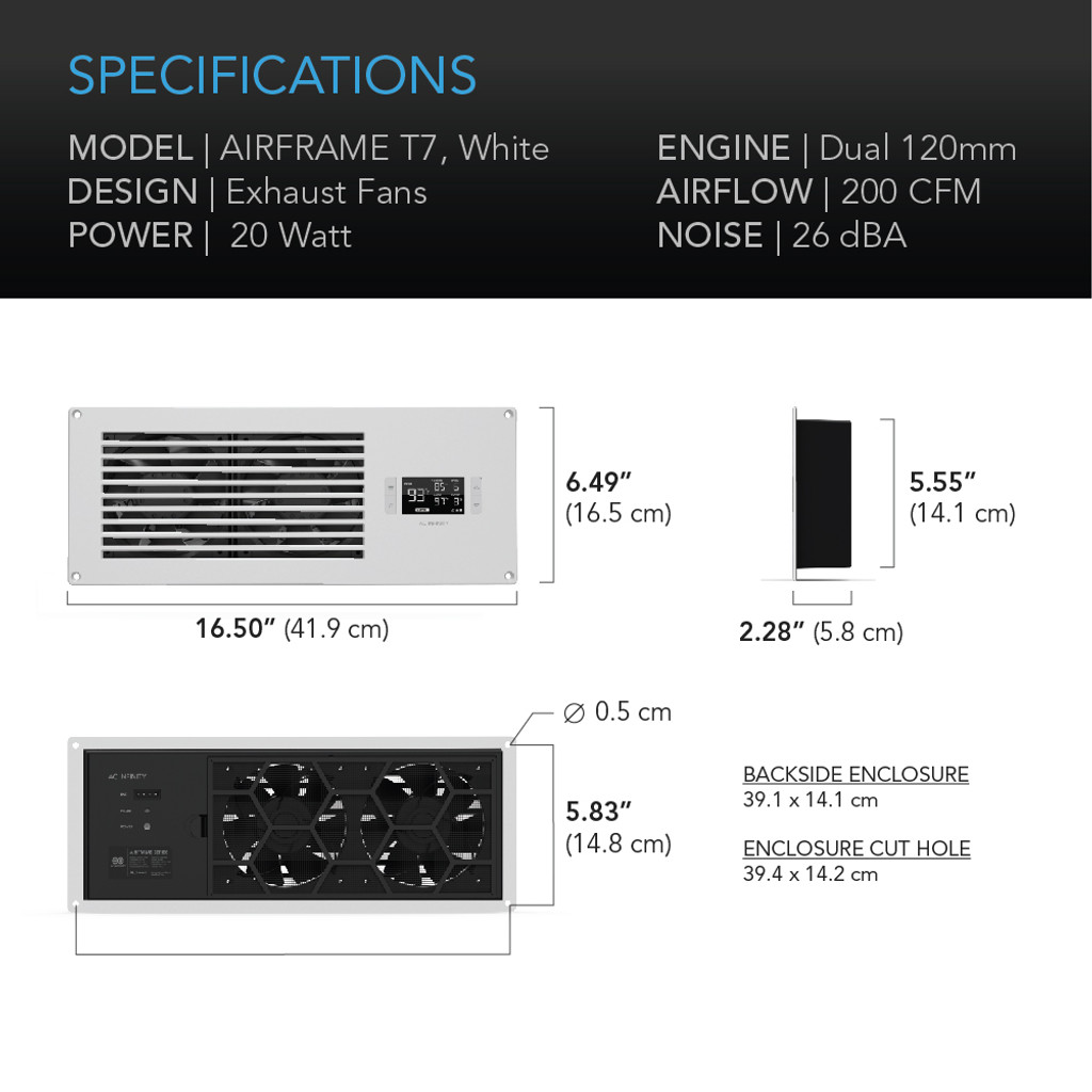 AIRFRAME T7 White, AV Equipment Closet and Room Fan System 17", Exhaust