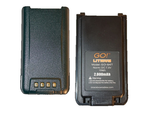 The new Blackbox "GO" is a Compact, Rugged, Full Power Radio that uses a 2000 mAh Lithium Ion Battery. This battery is the spare or replacement battery for the GO. The new Blackbox "GO" is a Compact, Rugged, Full Power Radio that uses a 2000 mAh Lithium Ion Battery. This battery is the spare or replacement battery for the GO.