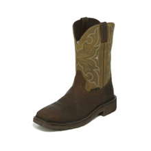 Men's Justin Work Boot, Brown Square Toe, Short Olive Shaft, Steel Toe