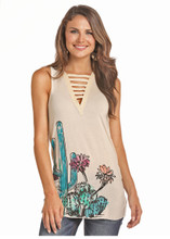 Women's Rock & Roll Tank, Cream with Cactus Print and Ladder Neckline