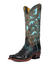 Women's Cinch Boots, Black Ostrich with Turquoise Inlay Tops, Snip Toe