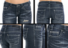 Women's Rock & Roll Jeans, Riding, Boot Cut, Dark Wash, Distressed