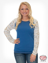 Women's Cowgirl Tuff L/S, Blue Raglan Burnout, Aztec Print