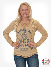 Women's Cowgirl Tuff L/S, Tan, V Neck, Bucking Horse