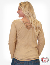 Women's Cowgirl Tuff L/S, Tan, V Neck, Bucking Horse