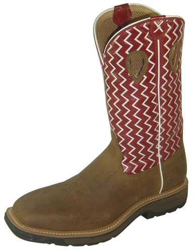 Men's Twisted X Steel Toe Boot, Red White Zig Zag/ Distressed Brown, Wide Square Toe