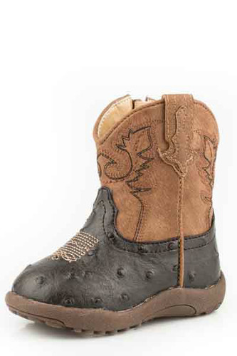 Infant Roper Boots, Brown/Tan, Ostrich Print, Cowbaby