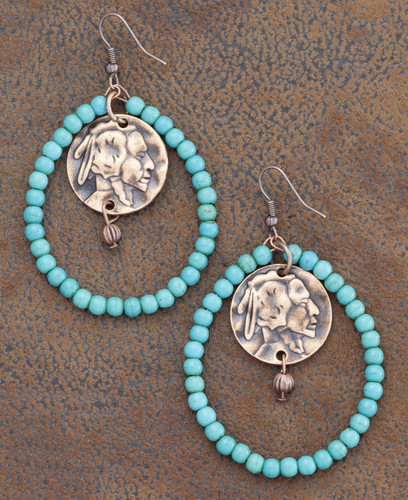 West & Co. Earrings, Turquoise Hoops with Indian Head