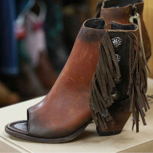 Women's Liberty Black Boots, Open Toe, Fringe, Conchos, Brown