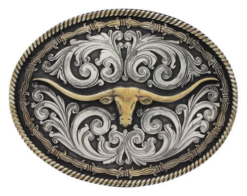Montana Attitude Buckle, Two Tone Rope and Barbed Wire Longhorn