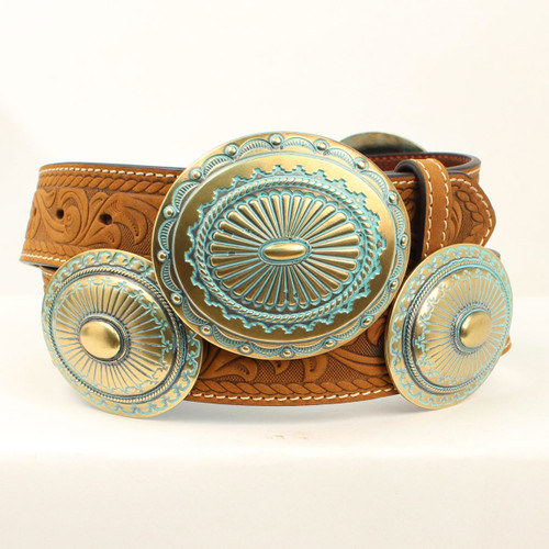 Women's Ariat Belt, Tooled Scrolling, Turquoise and Silver Concho