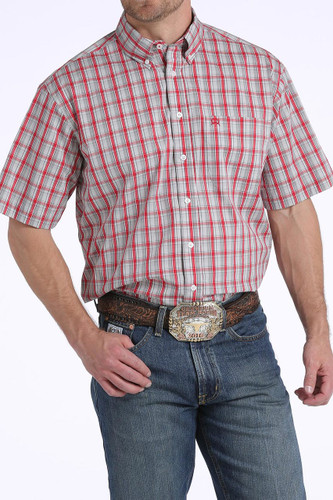 Men's Cinch S/S, Arena Flex Red with Gray Plaid