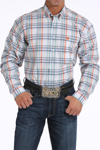 Men's Cinch L/S, White with Orange and Blue Plaid
