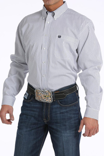 Men's Cinch L/S, White with Blue Pinstripe