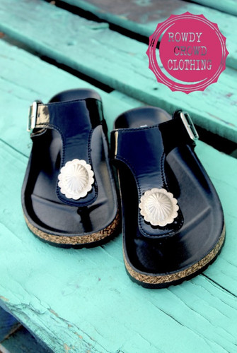 Women's Rowdy Crowd Sandals, Shiny Black with Silver Concho