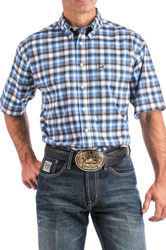 Men's Cinch S/S, Arena Flex, Blue Black and White Plaid