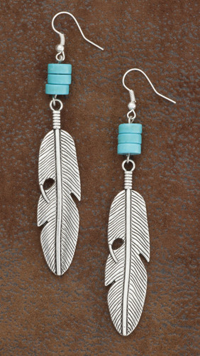 West & Co. Earrings, Burnished Silver Feather w/Turquoise