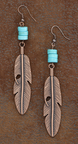 West & Co. Earrings, Burnished Copper Feather w/Turquoise