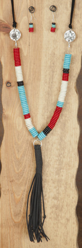 West & Co. Necklace, Red, Turquoise, White, Black Large Disk Bead, Buffalo Charm
