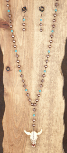 West & Co. Necklace and Earrings, Copper and Turquoise Bead with Cow Skull