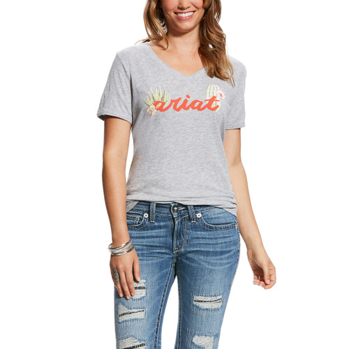 Women's Ariat Tee, Heather Gray with Cactus