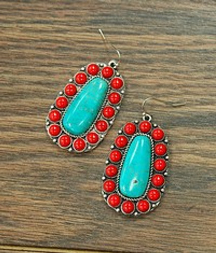 Isac Trading Earrings, Red Stone Border with Turquoise Stone Center