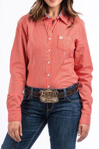 Women's Cinch L/S, Orange and White Print