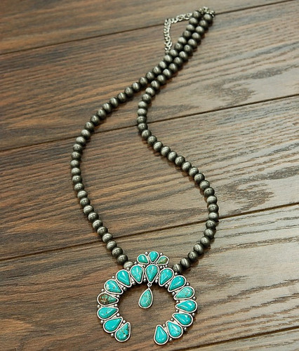 Isac Trading Necklace, Navajo Pearl with Turquoise Squash Blossom
