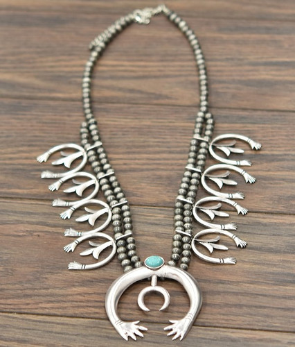 Isac Trading Necklace, Navajo Beads with Full Silver Squash Blossom