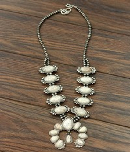 Isac Trading Necklace, White Squash Blossom, Navajo Beads