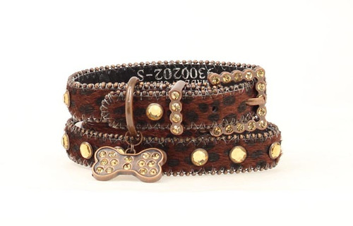 Blazin Roxx Dog Collar, 3/4" Hair on Hide, Leopard with Topaz
