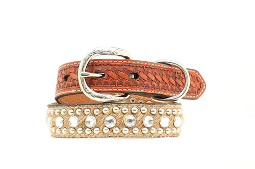 Double Barrel Dog Collar, 1" Calf Hair, Silver Bling