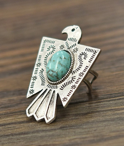 Isac Trading Ring, Silver Thunderbird with Turquoise Stone