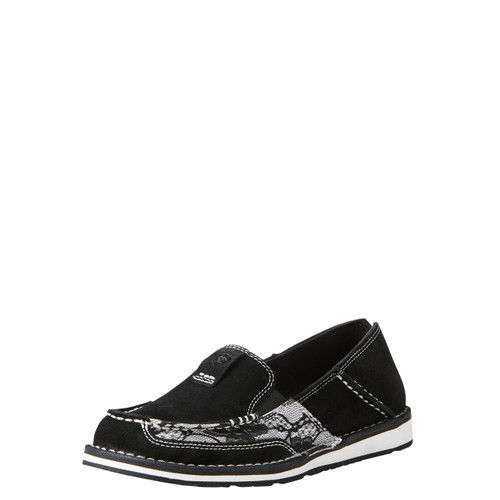 Women's Ariat Cruiser, Black Suede with Black and White Lace
