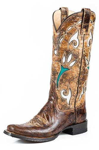 Women's Stetson Boot, Antique Brown/ Turquoise Inlay