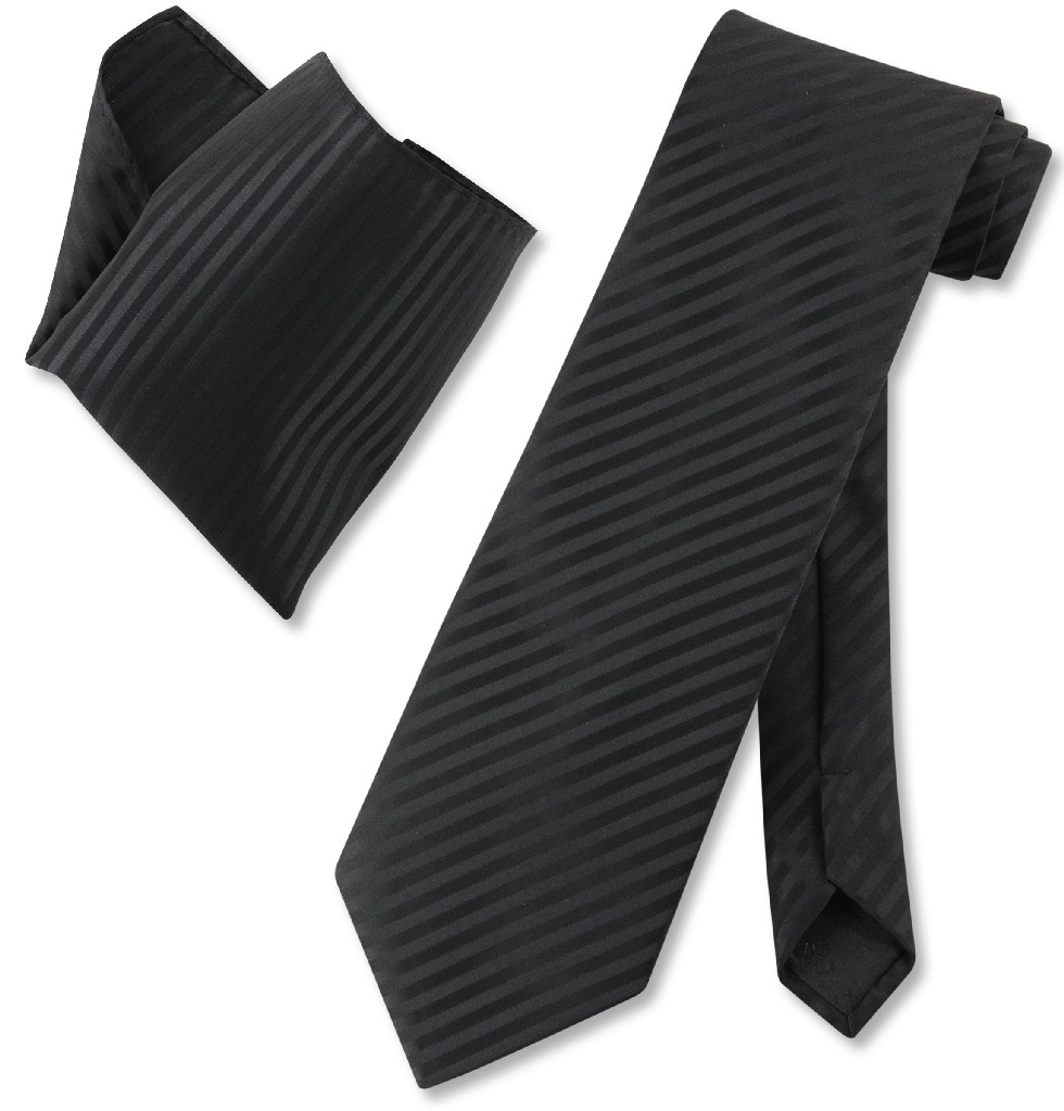 Vesuvio Napoli Black Vertical Stripes NeckTie & Handkerchief Tie Set