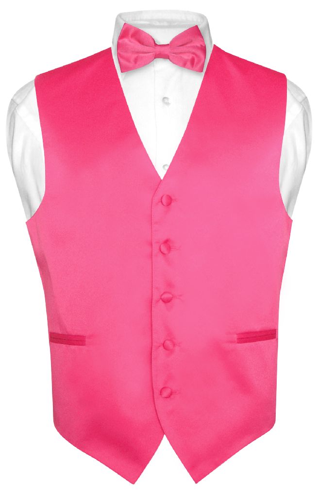 Mens Dress Vest And BowTie Hot Pink Fuchsia Color Bow Tie Set