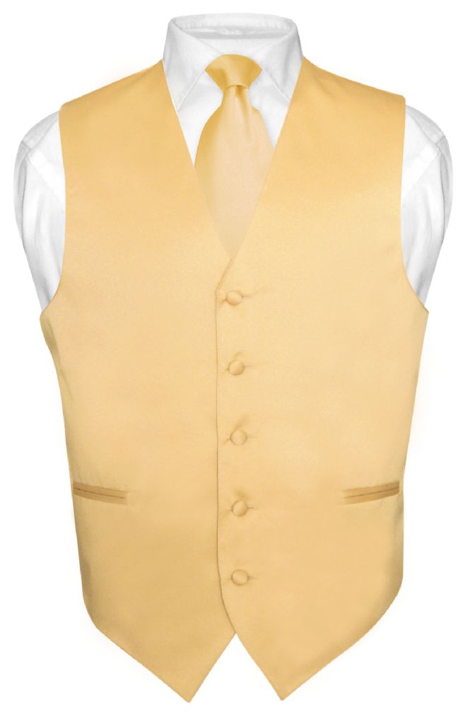 Mens Dress Vest & NeckTie Solid Gold Color Neck Tie Set