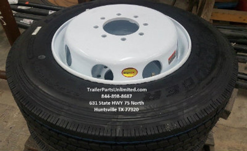 17.5 INCH 16 PLY HEAVY DUTY PROVIDER TRAILER TIRE MOUNTED ON 17.5 WHITE MOD DUAL WHEEL 8 ON 6.5 17.5 INCH 16 PLY HEAVY DUTY PROVIDER TRAILER TIRE MOUNTED ON 17.5 WHITE MOD DUAL WHEEL 8 ON 6.5