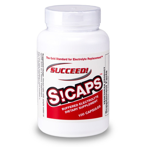 Developed in 1995 by scientist and ultramarathoner Karl King, SUCCEED! Electrolyte Caps have become The Gold Standard for Electrolyte Replacement™.
S! Caps are 100% electrolytes. Beware of imitations that use ineffective, non-electrolyte fillers such as sugars or the carbohydrate maltodextrin.
• Alleviation of cramping
• Buffers to help stabilize the stomach
• Protection against potentially fatal hyponatremia
• Sodium and potassium in effective amounts
• Phosphate and citrate for energy production
• S! Caps is the ONLY electrolyte product that delivers the correct ratio of electrolytes (cations and anions)
• Vege caps for vegetarians!