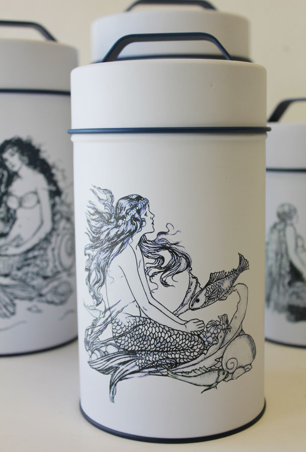 Mermaid Cylinder Tin Cans Nautical Canisters Beach Coastal Kitchen