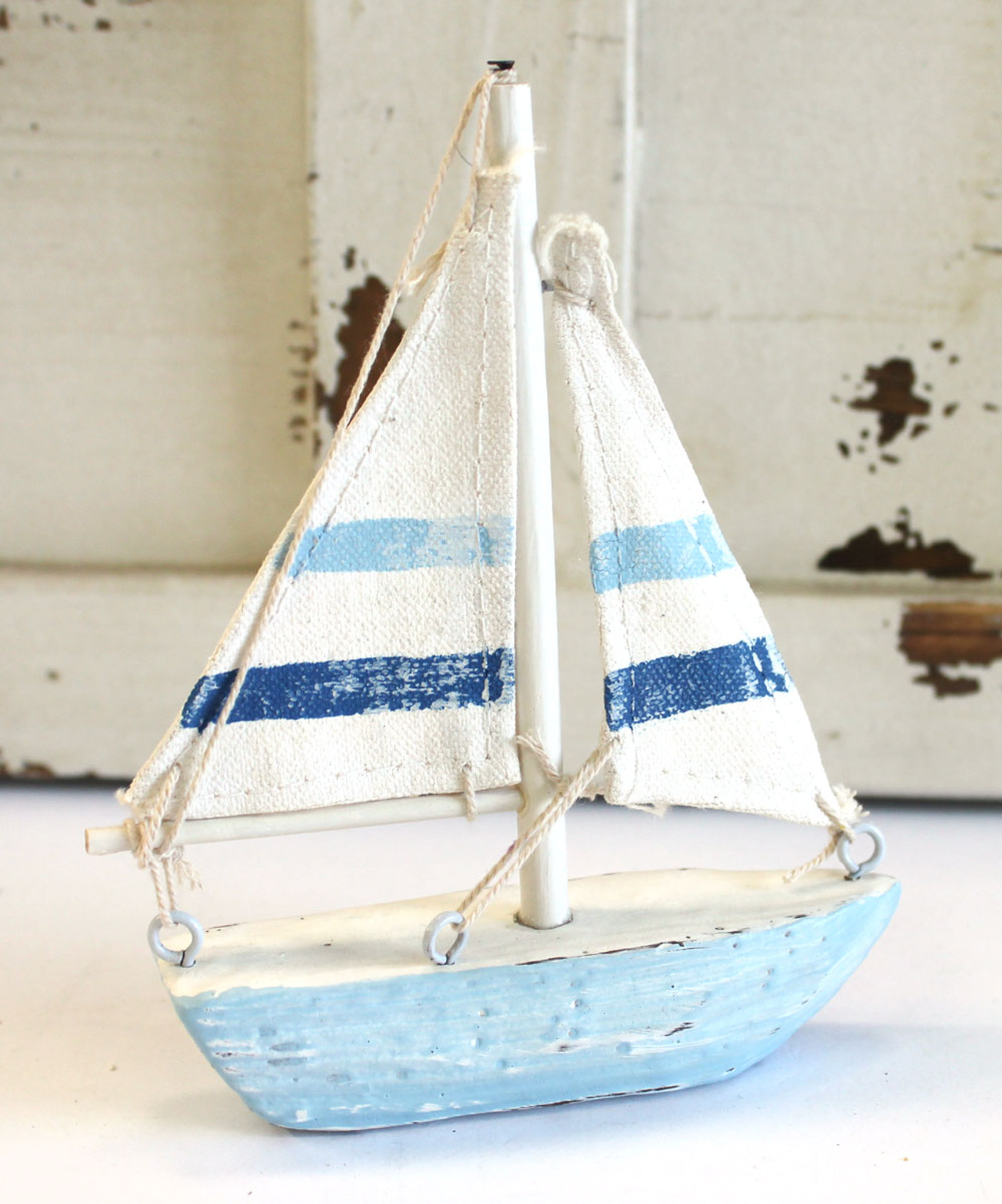 Small Blue & White Nautical Wood Sail Boat - Coastal Beach ...