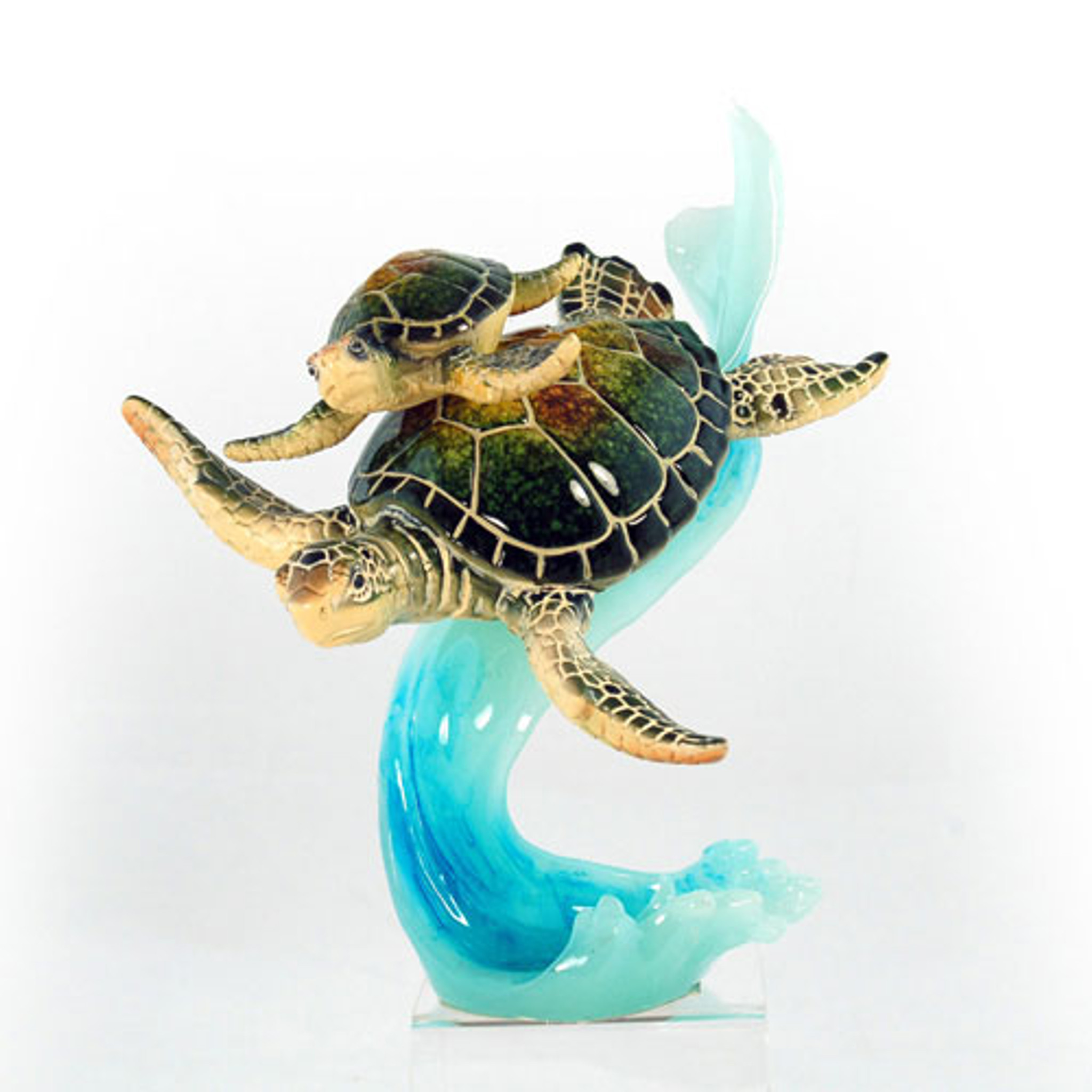 green mom baby sea turtle on wave figurine nautical sea decor