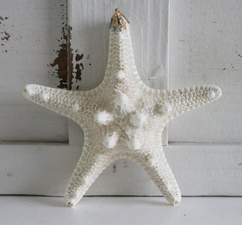 Large White Bumpy Starfish Glitter Ornament - Made in Huntington Beach, California, USA