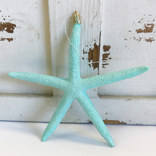 Large Aqua Finger Starfish Glitter Ornament