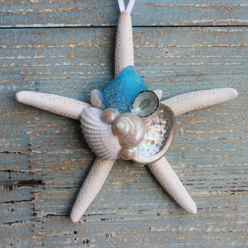 White Finger Starfish Collage Ornament with Light Blue Sea Glass