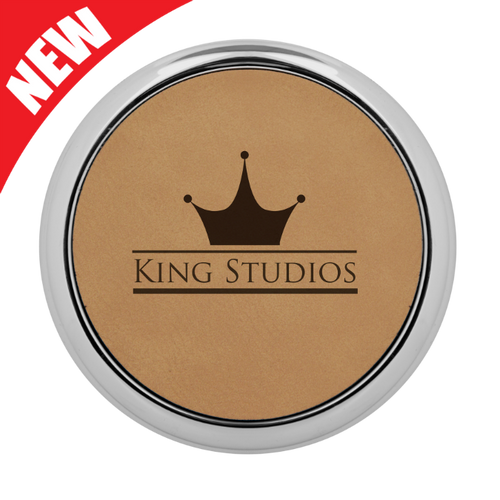 Round Light Brown Leatherette Coaster with Silver Edge